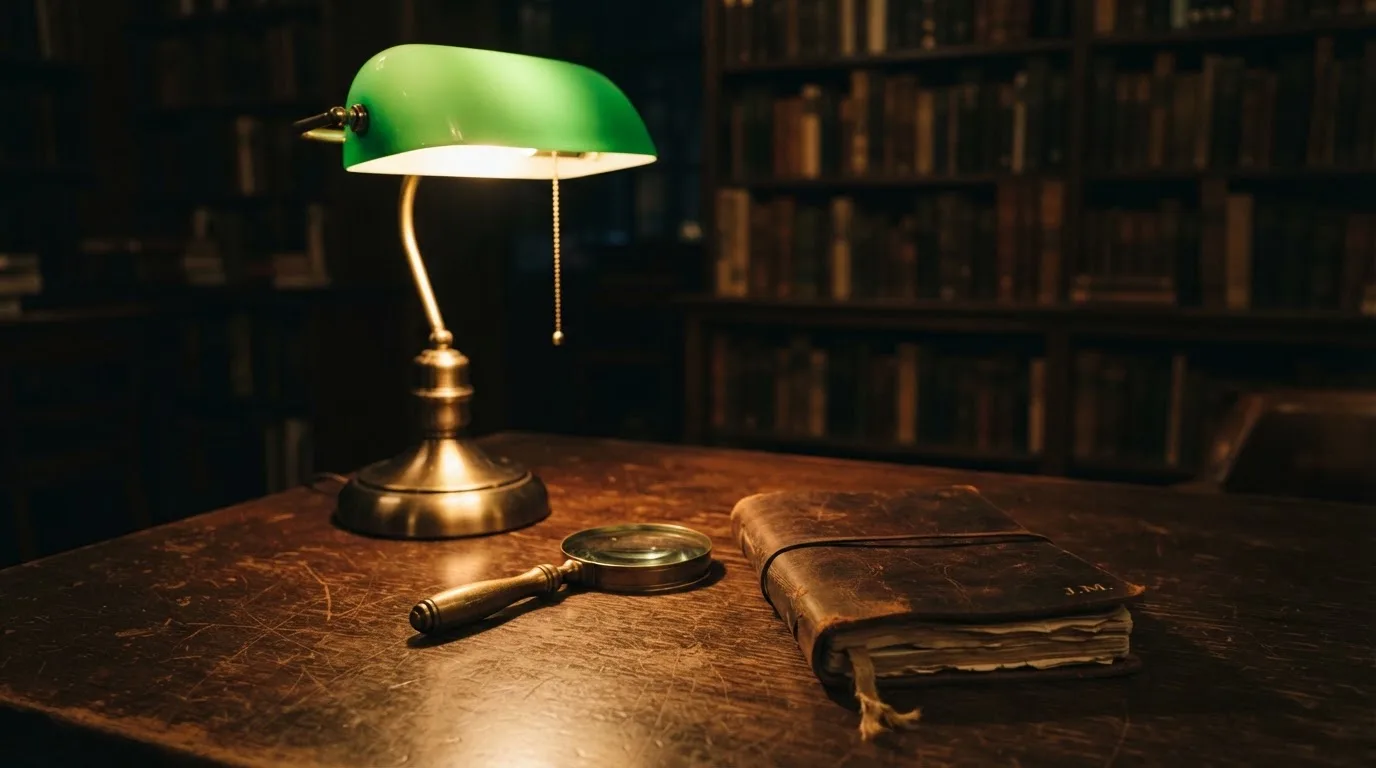 Ett förstoringsglas vilar på ett träbord bredvid en tänd skrivbordslampa i ett tyst bibliotek sent på kvällen.